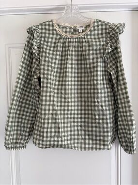 J. Crew Factory Green and White Gingham Ruffle-Shoulder Blouse